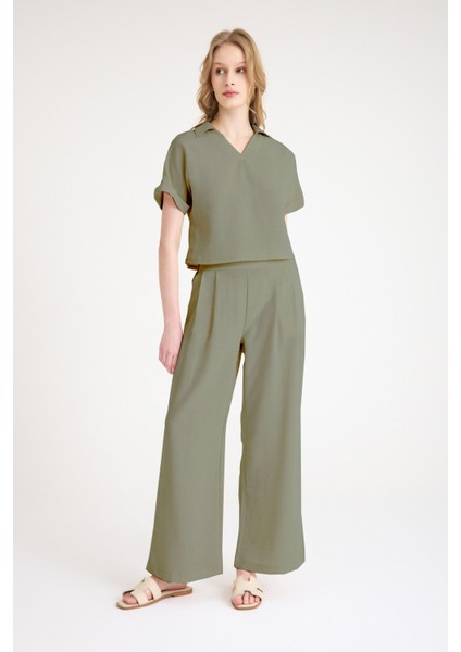 Keten Zarif Kadin T-Shirt ve Uzun Pantolon Alt Üst Ikili Takım V Yaka Kısa Kollu Salaş Rahat Haki Elbise fiyatları