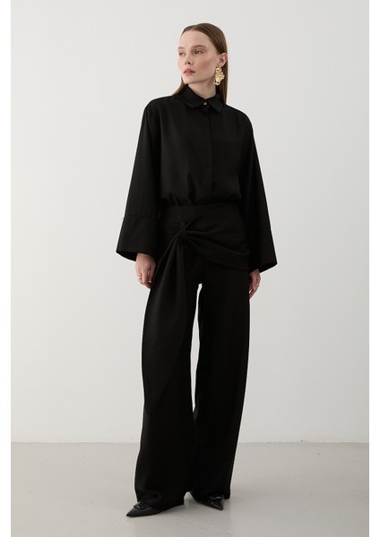 Siyah Kuşak Detaylı Pantolon Gömlek Takım