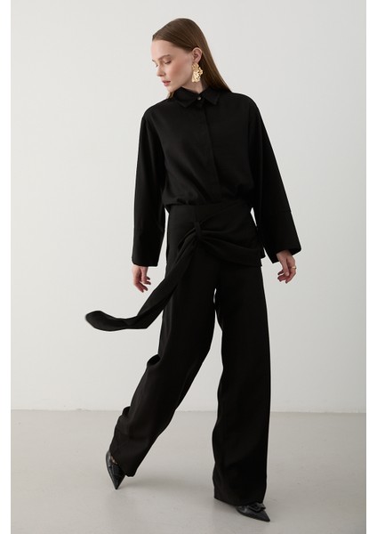 Siyah Kuşak Detaylı Pantolon Gömlek Takım