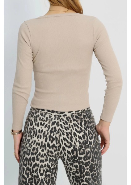 V Yaka Kaşkorse Bluz Bej A3699 fırsatları