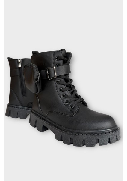 Kadın Çanta Detay Yüksek Kalın Taban Bağcıklı Fermuarlı Bot Siyah fiyatları