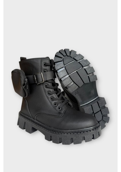 Kadın Çanta Detay Yüksek Kalın Taban Bağcıklı Fermuarlı Bot Siyah