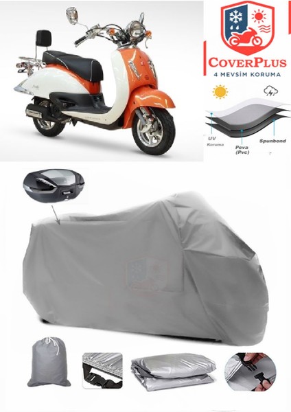 Asya Nostalji 125 Arka Çanta Uyumlu (Gri) Motorsiket Brandası Motor Örtüsü Çadır Su Geçirmez Motosiklet Kılıfı Motor Brandası