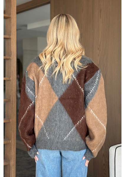 Antrasit - Kahverengi Baklava Desenli Kazak - 25799