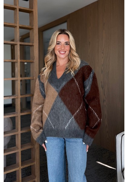 Antrasit - Kahverengi Baklava Desenli Kazak - 25799