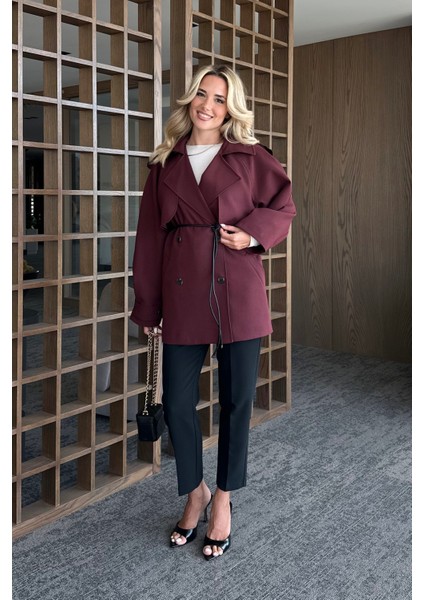 Bordo Deri Ip Kemerli Rüzgarlıklı Trençkot - 7488