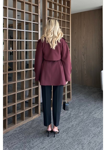 Bordo Deri Ip Kemerli Rüzgarlıklı Trençkot - 7488