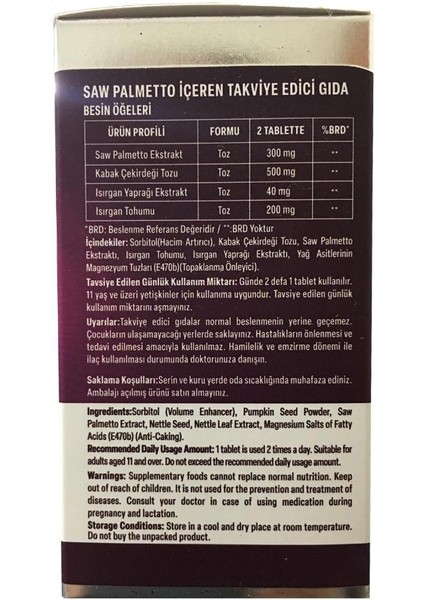 Saw Palmetto Takviye Edici Gıda 1000 mg 60 Tablet modelleri