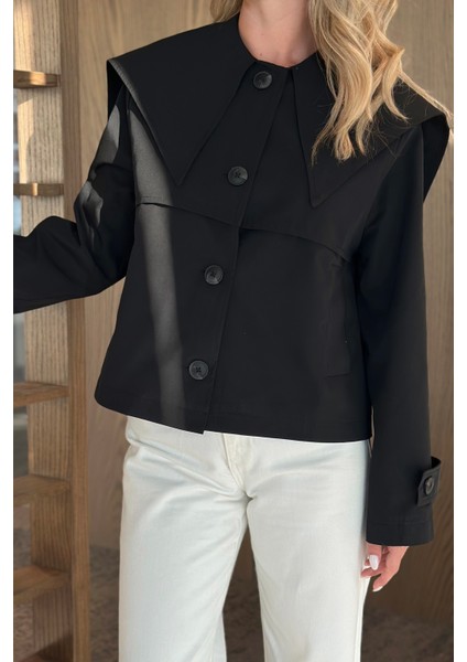 Siyah Sakura Geniş Yaka Kısa Trençkot - 7530