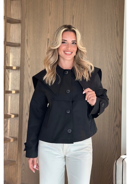 Siyah Sakura Geniş Yaka Kısa Trençkot - 7530