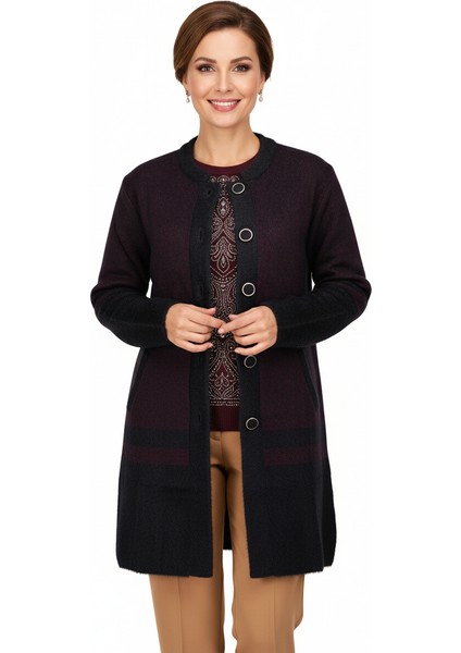 Kadın Kışlık Kalın Örme Anne Uzun Hırka Boydan Düğmeli Çift Cepli Rahat Kesim Tam Kalıp Likralı Yuvarlak Yakalı