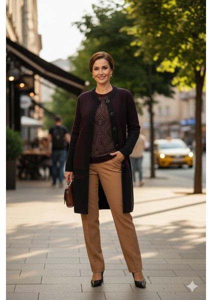 Kadın Kışlık Kalın Örme Anne Uzun Hırka Boydan Düğmeli Çift Cepli Rahat Kesim Tam Kalıp Likralı Yuvarlak Yakalı modelleri