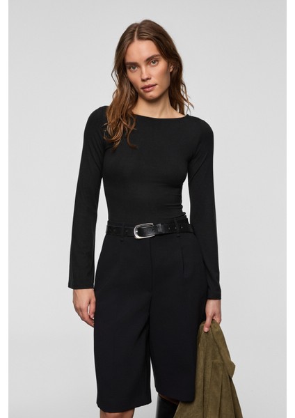 MURILYO Kadın Esnek Ve Yumuşak Kumaşlı Geniş Kol Ucu Geniş Kayık Yakalı Siyah Bluz fiyatları