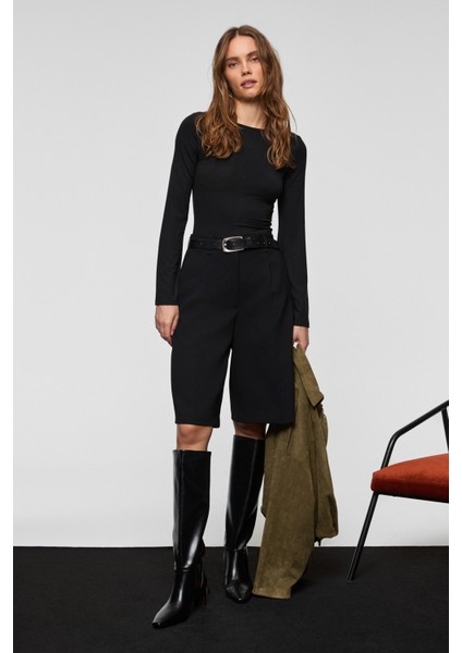 MURILYO Kadın Esnek Ve Yumuşak Kumaşlı Geniş Kol Ucu Geniş Kayık Yakalı Siyah Bluz indirimleri