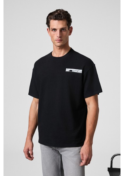 CREST Erkek Göğsü Ve Sırtı Baskılı %100 Organik Pamuk Oversize Fit Bisiklet Yaka Siyah T-Shirt