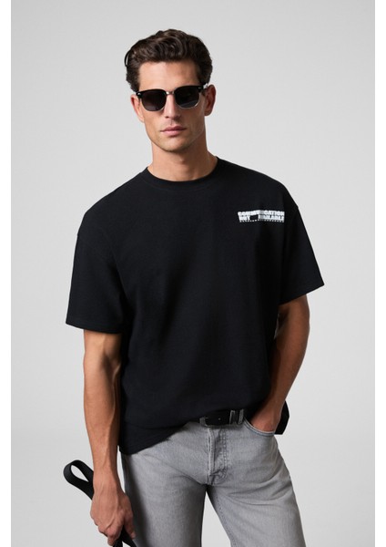 CREST Erkek Göğsü Ve Sırtı Baskılı %100 Organik Pamuk Oversize Fit Bisiklet Yaka Siyah T-Shirt fiyatları