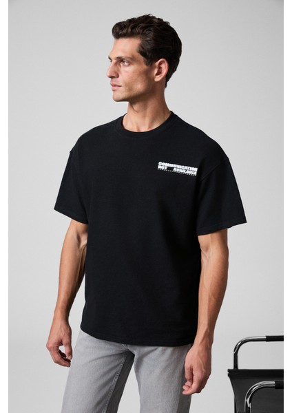 CREST Erkek Göğsü Ve Sırtı Baskılı %100 Organik Pamuk Oversize Fit Bisiklet Yaka Siyah T-Shirt modelleri