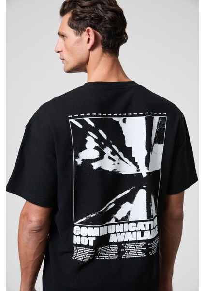 CREST Erkek Göğsü Ve Sırtı Baskılı %100 Organik Pamuk Oversize Fit Bisiklet Yaka Siyah T-Shirt fırsatları