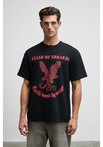 GUSI Erkek Önü Kabaran Baskılı %100 Organik Pamuk Oversize Fit Bisiklet Yaka Siyah T-Shirt fiyatları