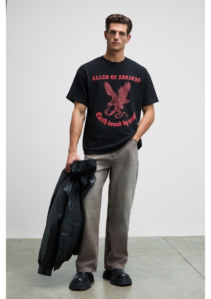 GUSI Erkek Önü Kabaran Baskılı %100 Organik Pamuk Oversize Fit Bisiklet Yaka Siyah T-Shirt modelleri