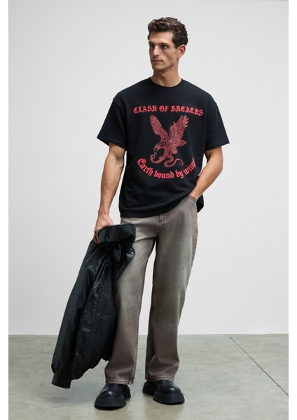 GUSI Erkek Önü Kabaran Baskılı %100 Organik Pamuk Oversize Fit Bisiklet Yaka Siyah T-Shirt fırsatları