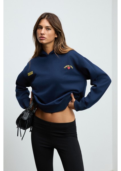 ISROP Kadın Yumuşak Kumaşlı Baskılı Kapüşonlu Lacivert Sweatshirt modelleri