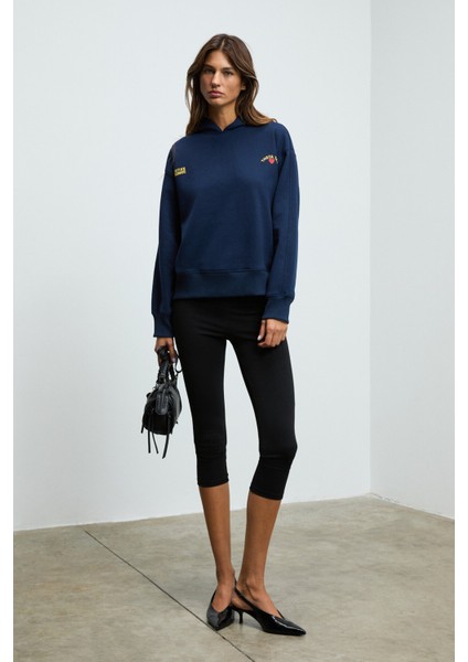 ISROP Kadın Yumuşak Kumaşlı Baskılı Kapüşonlu Lacivert Sweatshirt fırsatları