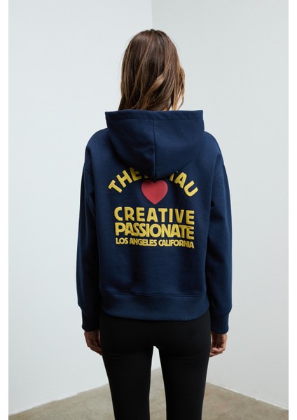 ISROP Kadın Yumuşak Kumaşlı Baskılı Kapüşonlu Lacivert Sweatshirt indirimleri