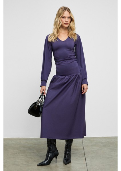 YOKEND Kadın V Yakalı Büzgü Detaylı Esnek Kumaşlı Eteği Poplin Mor Elbise