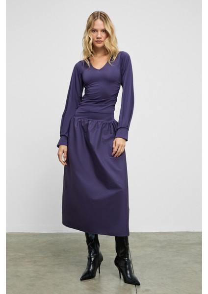 YOKEND Kadın V Yakalı Büzgü Detaylı Esnek Kumaşlı Eteği Poplin Mor Elbise modelleri