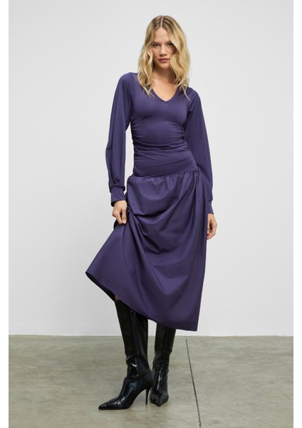 YOKEND Kadın V Yakalı Büzgü Detaylı Esnek Kumaşlı Eteği Poplin Mor Elbise fırsatları