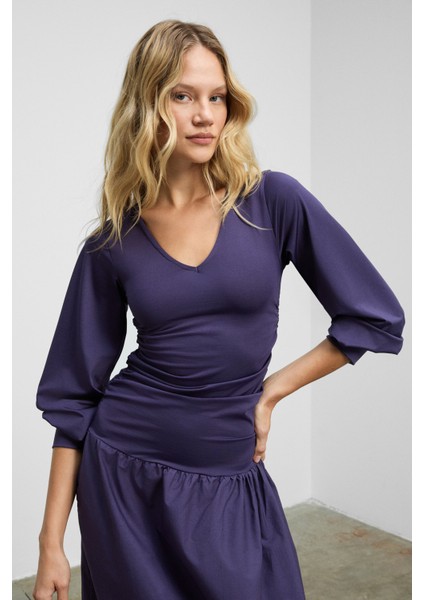 YOKEND Kadın V Yakalı Büzgü Detaylı Esnek Kumaşlı Eteği Poplin Mor Elbise indirimleri