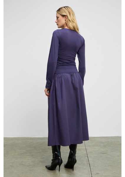 YOKEND Kadın V Yakalı Büzgü Detaylı Esnek Kumaşlı Eteği Poplin Mor Elbise