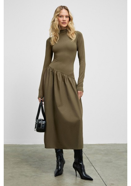 PANTI Kadın Üstü Ribana Eteği Poplin Vücuda Oturan Haki Elbise