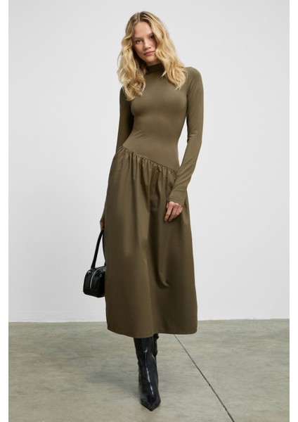 PANTI Kadın Üstü Ribana Eteği Poplin Vücuda Oturan Haki Elbise fiyatları