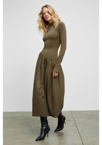 PANTI Kadın Üstü Ribana Eteği Poplin Vücuda Oturan Haki Elbise modelleri
