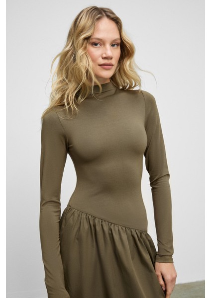 PANTI Kadın Üstü Ribana Eteği Poplin Vücuda Oturan Haki Elbise fırsatları