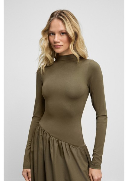 PANTI Kadın Üstü Ribana Eteği Poplin Vücuda Oturan Haki Elbise indirimleri