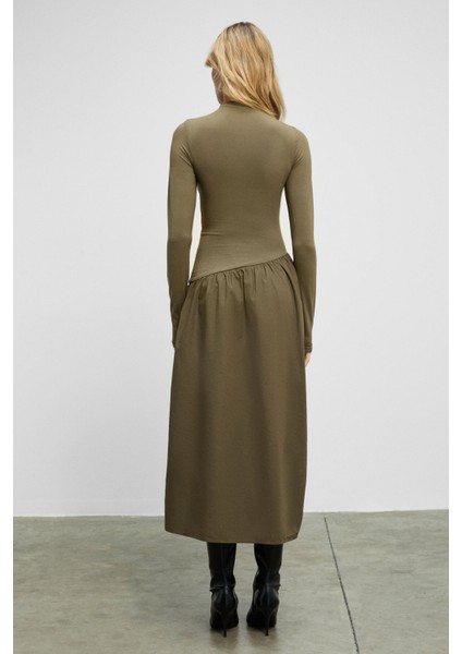 PANTI Kadın Üstü Ribana Eteği Poplin Vücuda Oturan Haki Elbise