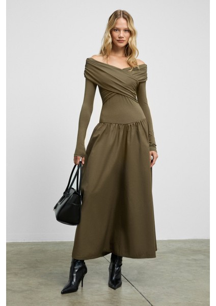FRUENDO Kadın Asimetrik Yakalı Üstü Esnek Kumaşlı Eteği Poplin Uzun Haki Elbise
