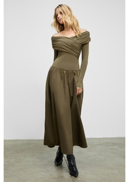 FRUENDO Kadın Asimetrik Yakalı Üstü Esnek Kumaşlı Eteği Poplin Uzun Haki Elbise modelleri