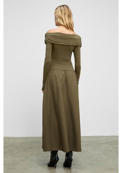 FRUENDO Kadın Asimetrik Yakalı Üstü Esnek Kumaşlı Eteği Poplin Uzun Haki Elbise
