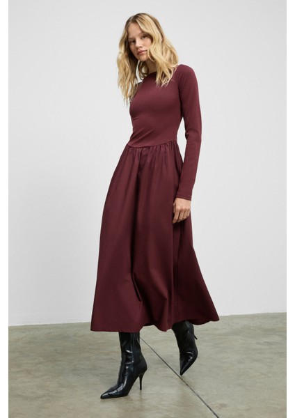 PANI Kadın Maxi Boy Etek Kısmı Dokuma Poplin Kloş Üst Kısmı Esnek Viskon Elastan Şık Bordo Elbise fiyatları