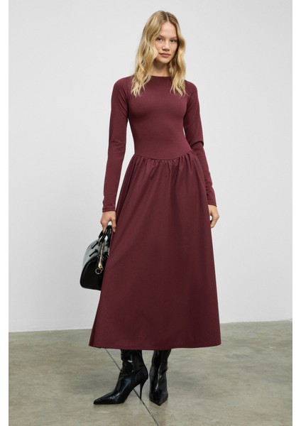 PANI Kadın Maxi Boy Etek Kısmı Dokuma Poplin Kloş Üst Kısmı Esnek Viskon Elastan Şık Bordo Elbise modelleri