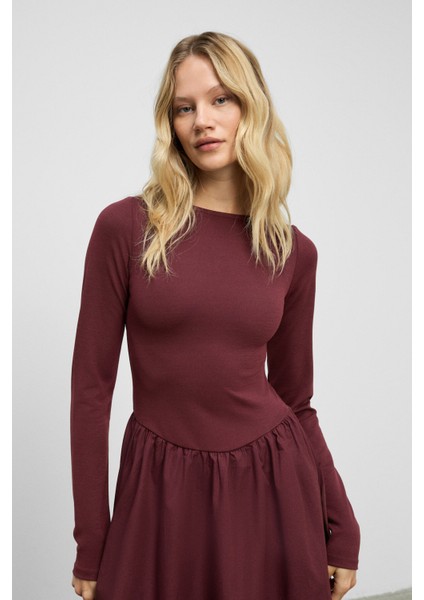 PANI Kadın Maxi Boy Etek Kısmı Dokuma Poplin Kloş Üst Kısmı Esnek Viskon Elastan Şık Bordo Elbise fırsatları