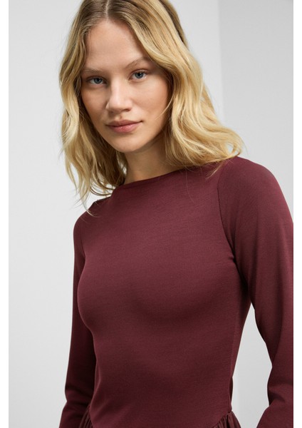 PANI Kadın Maxi Boy Etek Kısmı Dokuma Poplin Kloş Üst Kısmı Esnek Viskon Elastan Şık Bordo Elbise indirimleri