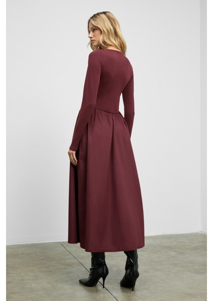 PANI Kadın Maxi Boy Etek Kısmı Dokuma Poplin Kloş Üst Kısmı Esnek Viskon Elastan Şık Bordo Elbise