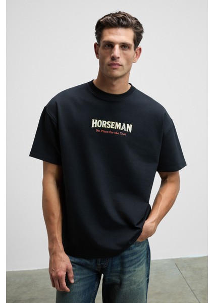 HORSEMAN Erkek Önü Ve Sırtı Baskılı Oversize Fit Bisiklet Yaka Siyah T-Shirt