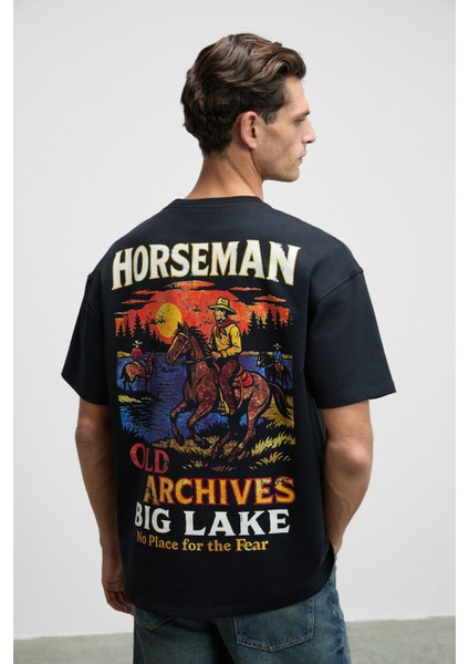 HORSEMAN Erkek Önü Ve Sırtı Baskılı Oversize Fit Bisiklet Yaka Siyah T-Shirt fiyatları