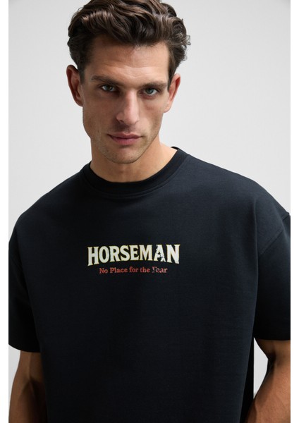 HORSEMAN Erkek Önü Ve Sırtı Baskılı Oversize Fit Bisiklet Yaka Siyah T-Shirt modelleri